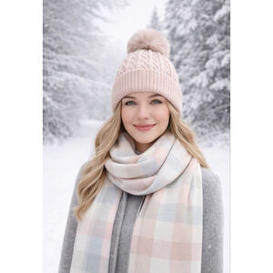 New Women's Vince Camuto One Size Pink Gray Hat & Scarf Set